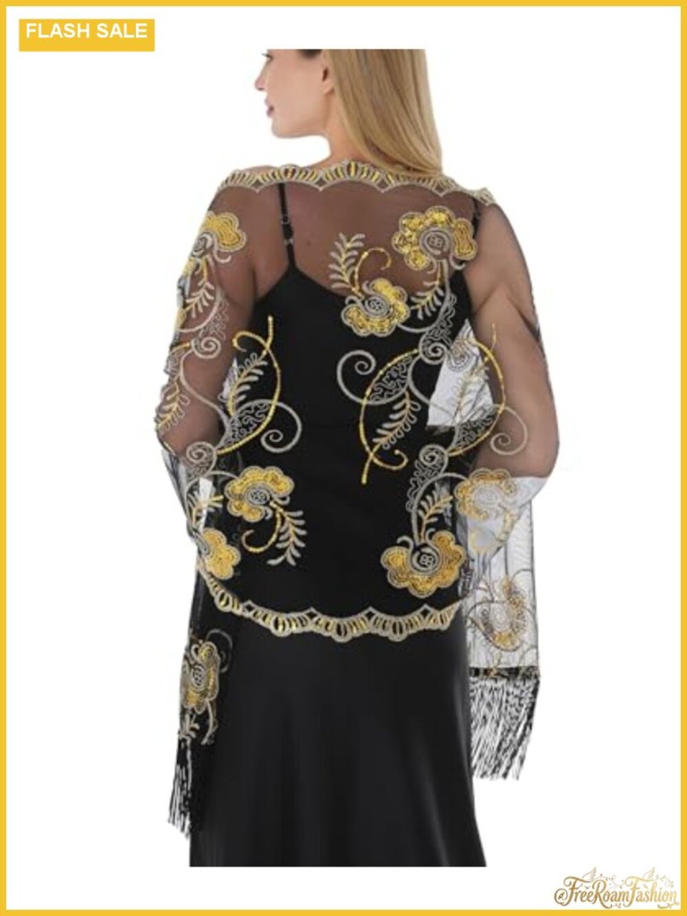 Sheer Chiffon Shawl Wrap with Sequin Floral Fringe for Evening Formal